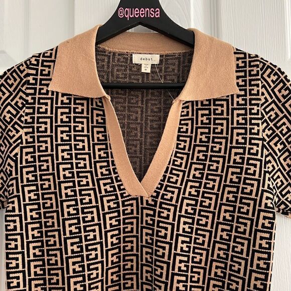 Brown & Tan Color Block Knit V- Neck top - Picture 3 of 8